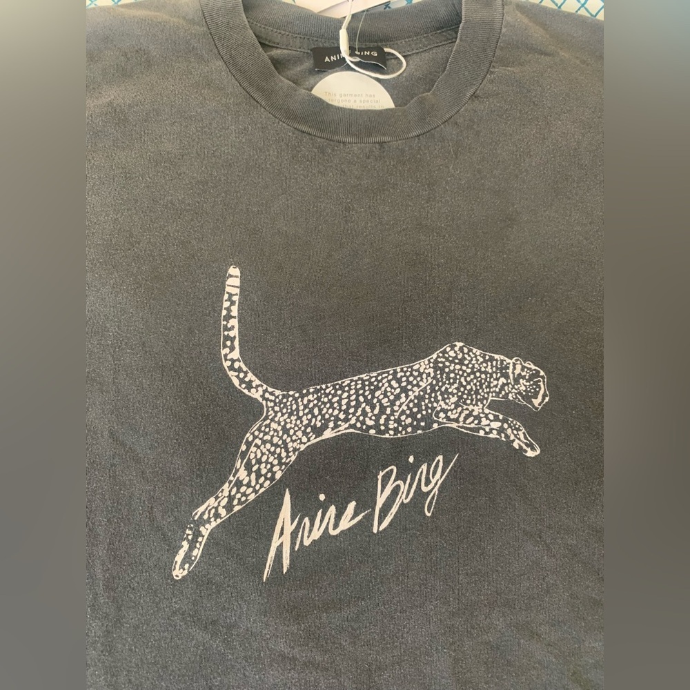 Anine Bing Charcoal Gray Short Sleeve Graphic Tee with White Leopard Motif - Picture 9 of 14